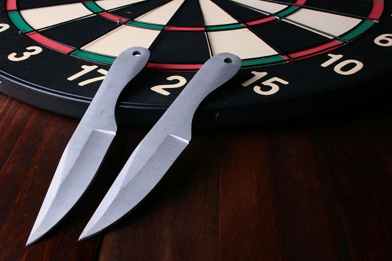 Two knives neatly placed beside a bullseye target